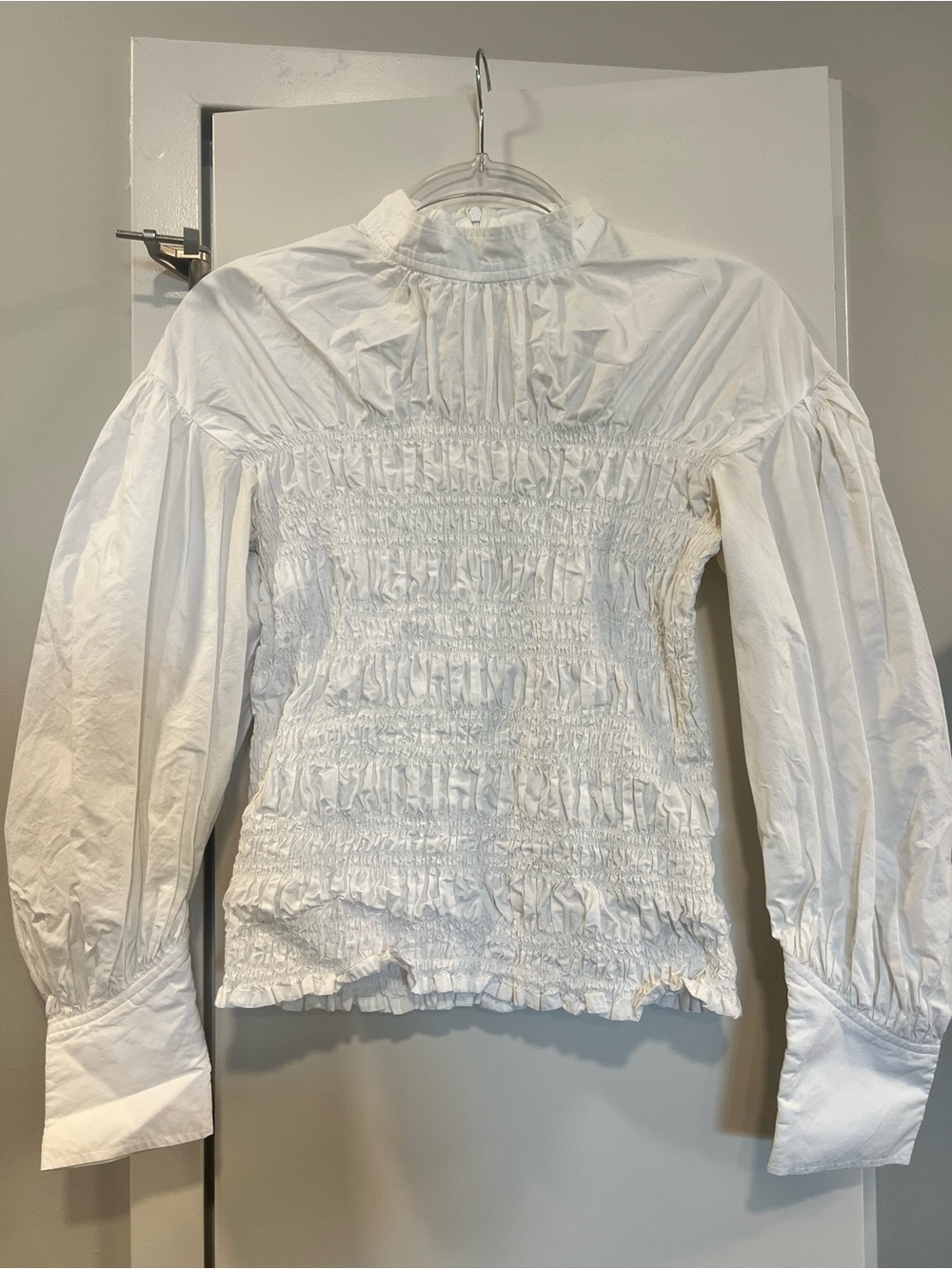 Ganni White Smocked Long-Sleeve Blouse